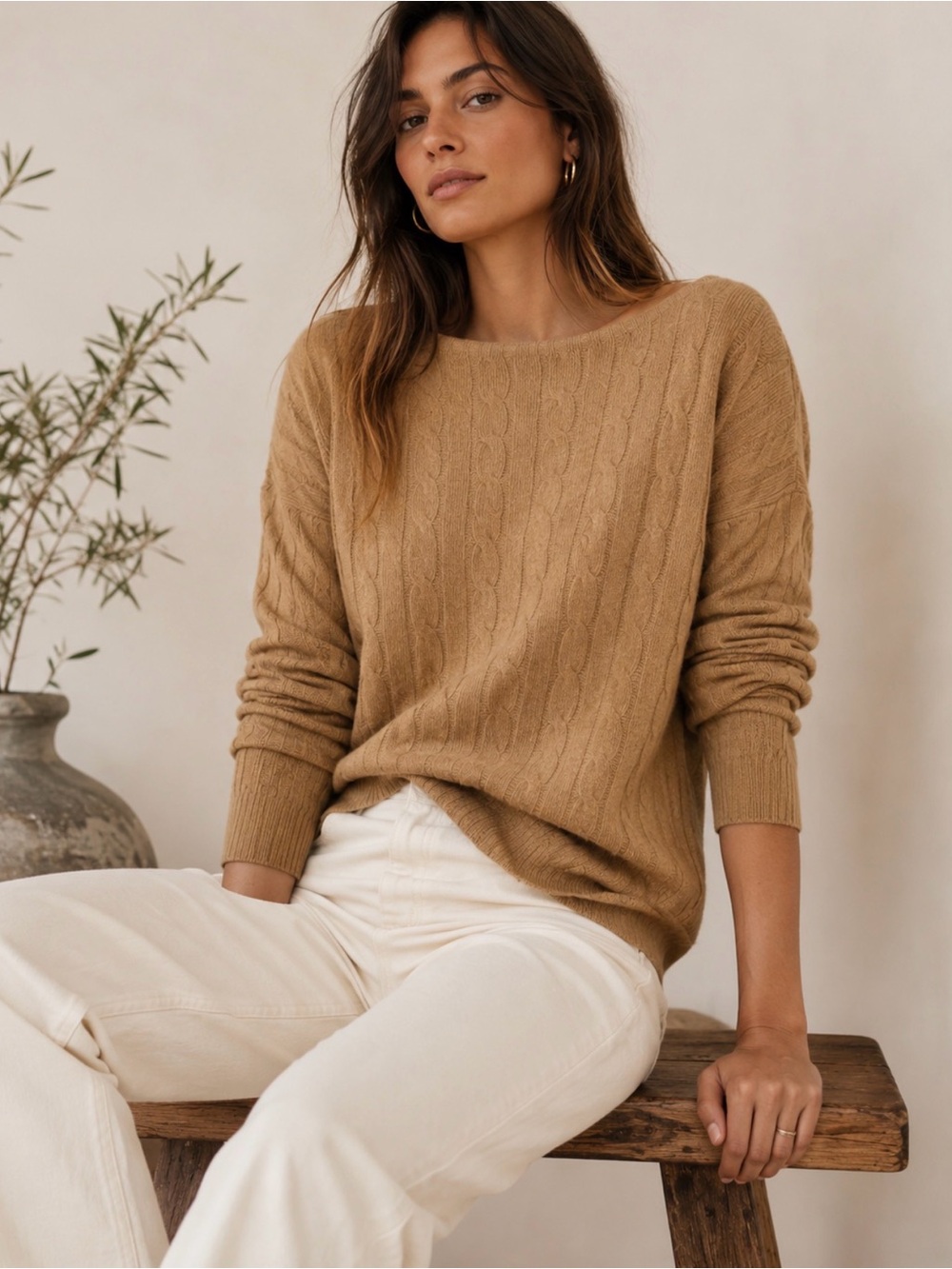 Polo Ralph Lauren Camel Cashmere Merino Wool Cable Knit Boat Neck Sweater Medium
